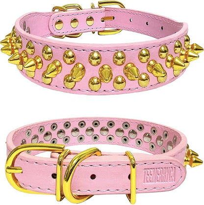 TEEMERRYCA Pink Leather Gold Spiked Studded Dog Collar - Image 2