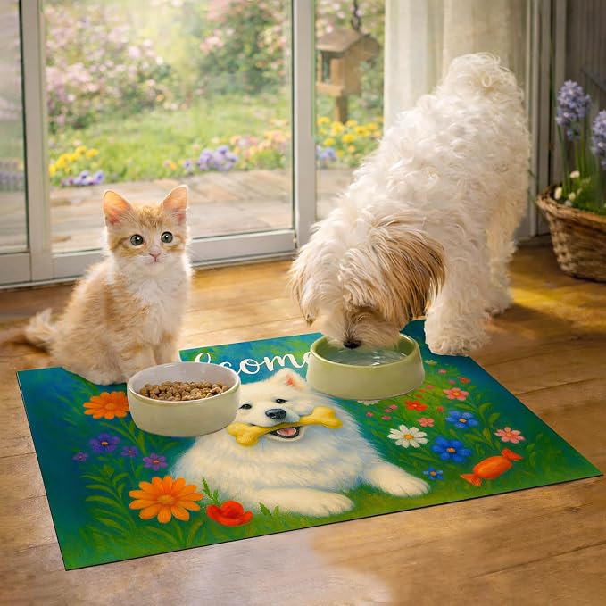 Welcome Spring Pet Feeding Mat 24" x 16"White Dog Floral Design Non Slip Cat - Image 2