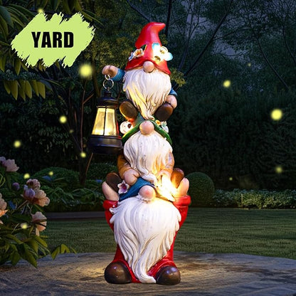 Garden Gnome Statue with Solar Lights Garden Sculptures Funny Triple Gnome - Image 7