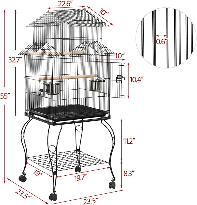 Yaheetech Budgie Cage 55-inch Rolling Standing Triple Roof Medium Parrot Cage - Image 2