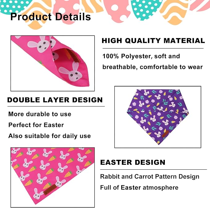 ADOGGYGO Easter Dog Bandana 2 Pack, Bunny Carrot Print Triangle Pet Scarf - Image 5