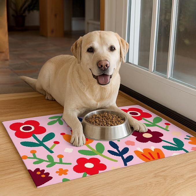 Pet Feedings Mats 20x12 inch Floral Print Pet Bowl Placemat Non Slip Mat - Image 4