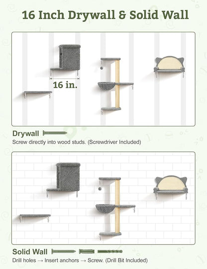 5-in-1 Cat Wall Shelves, Solid Wood & Velvet & Sisal Scratcher, 44lbs Max Load - Image 7