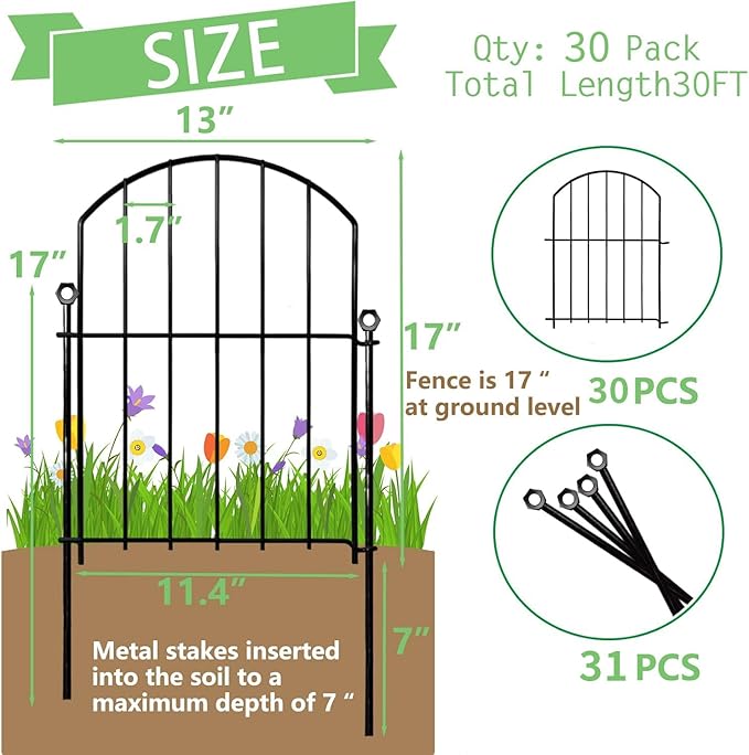 Decorative Garden Fence 17in x30ft, 30 Pack Rustproof Metal No Dig Fence Animal - Image 2