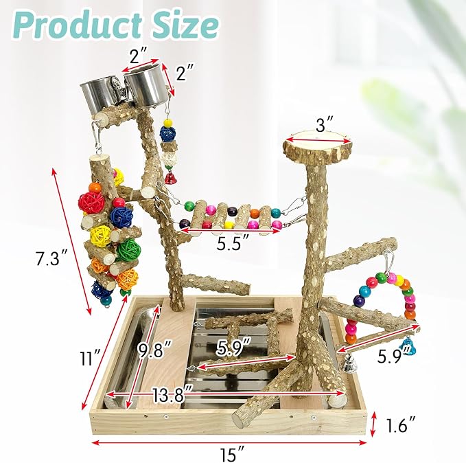 PINVNBY Bird Playground Natural Wood Parrot Perch Stand Bird Play Gym Colorful - Image 2