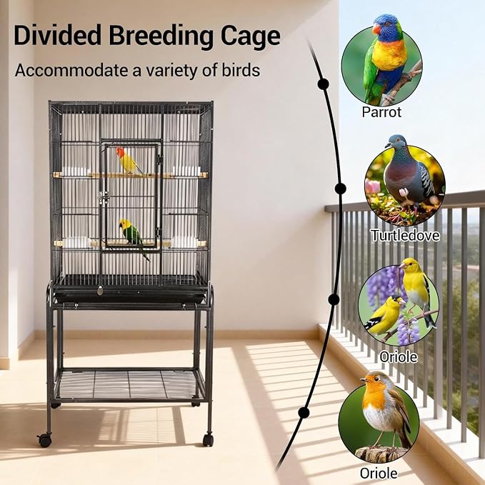 53 Inch Bird Cage with Wooden Perches, Standing Wrought Iron Birdcage with - Image 8