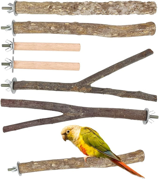 6 PCS Natural Wood Bird Perches Set, Parrot Stand Fork Toys, Hanging by IOUALEY
