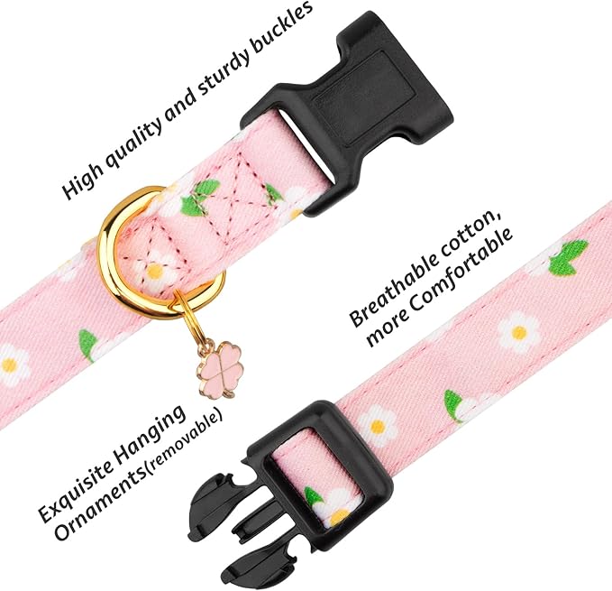 Cotton Handmade Dog Collar Cute and Distinctive Patterns Pink Flower - Image 2