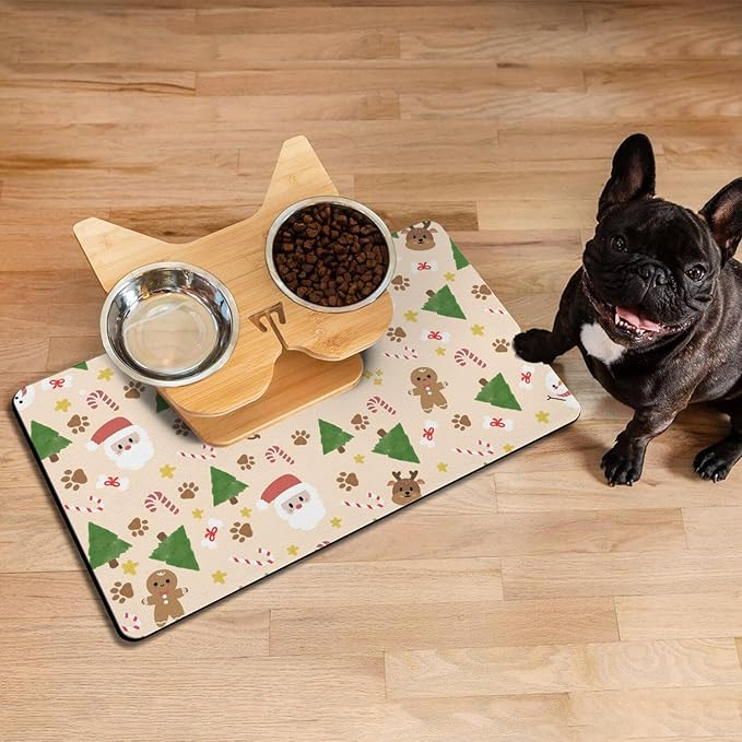 Christmas Dog Food & Water Mat, Paw Prints Santa Claus Snowman Xmas Pet Feeding - Image 4
