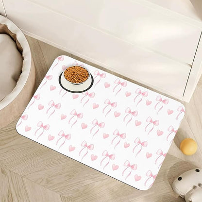 Cute Pink Bow Dog Food Mat for Floors, Heart Absorbent Pet Food and Water Bowl by Unknown