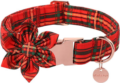 Christmas Dog Collar with Flower, Cotton Christmas Plaid Collar by UPURARAPUP