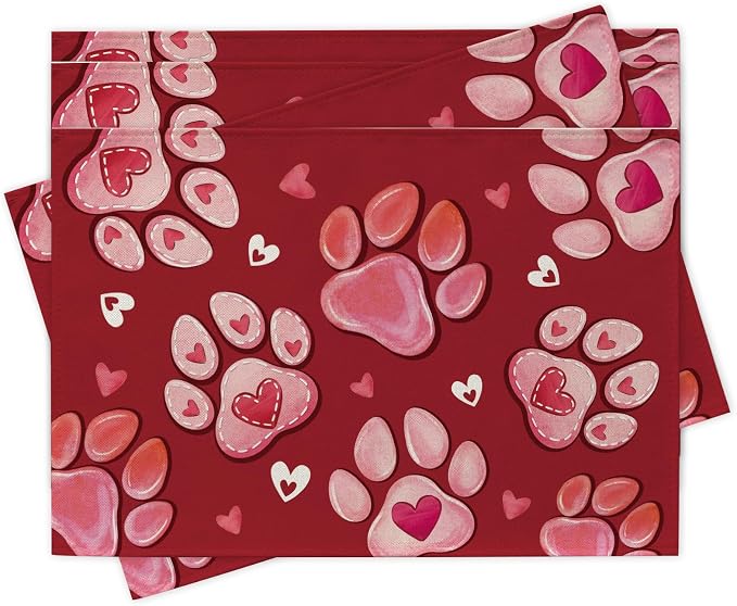 Valentines Day Dog Cat Paw Prints Placemats Set of 4, Anniversary Wedding Home by Croar