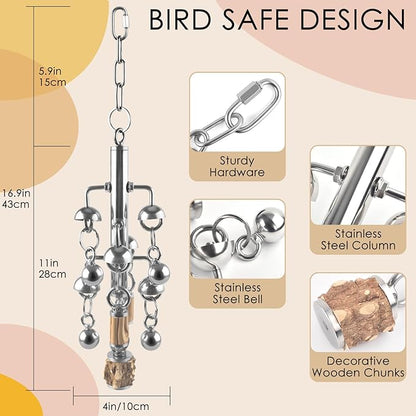 KATUMO Large Bird Toys, Natural Wooden and 304 Stainless Steel Bell Toy - Image 2