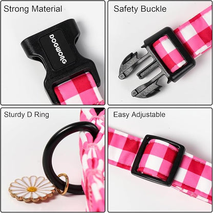 DOGWONG Pink Checkered Dog Collar, Cute Pink Plaid Dog Collars, Adjustable Girl - Image 3
