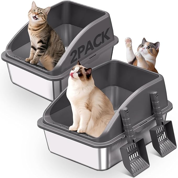 2PACK Stainless Steel Cat Litter Box, Never Absorbs Odors, Leak-Proof, by KITCATY