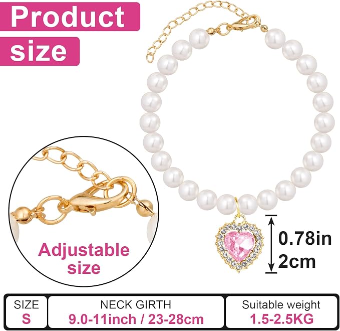 2pcs Pearl Collar for Cat Puppy, Small Cute Heart Shape Rhinestone Pet Necklace - Image 2
