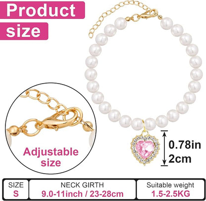 2pcs Pearl Collar for Cat Puppy, Small Cute Heart Shape Rhinestone Pet Necklace - Image 2