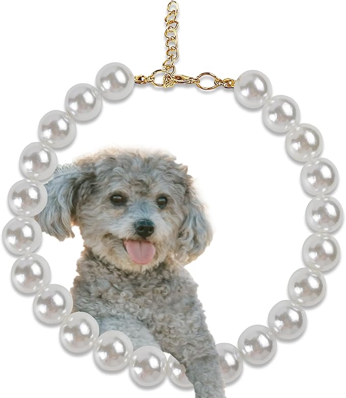 Chunky Pearl Dog Collar for Small Dogs Cats, Adjustable Beaded Dog Collar by MLUOVI