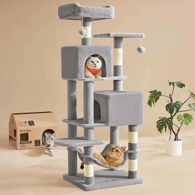 Feandrea Cat Tree, 59.5-Inch Tall Cat Tower, Plush Multi-Level Condo by FeandreabySONGMICSHOME