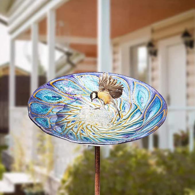 VCUTEKA Glass Bird Bath Outdoor BirdBath Garden Bird Feeder - Image 2