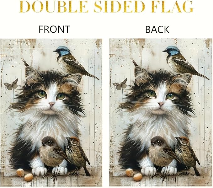 Cat and Birds Garden Flag 12x18 Inch Double Sided Outdoor Yard Banner Fluffy - Image 5