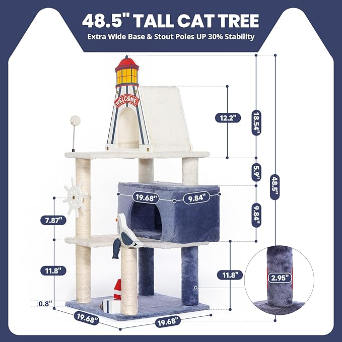 HYABi 48.5-Inch Novelty Lighthouse Seagull Wheel Buoy Cat Tree Tower Condo Bed - Image 3