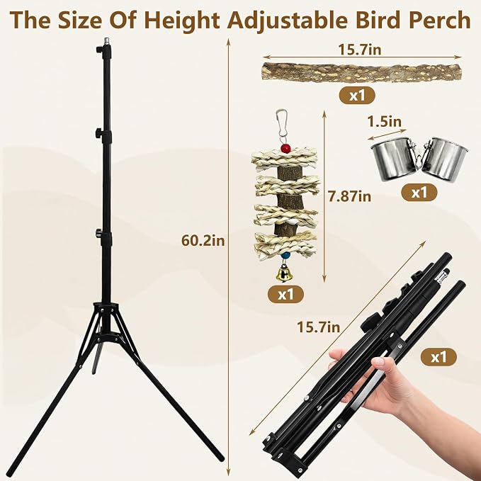 kathson 28-60inches Height Adjustable Bird Perch, Pepperwood Parrot Perch Stand - Image 2