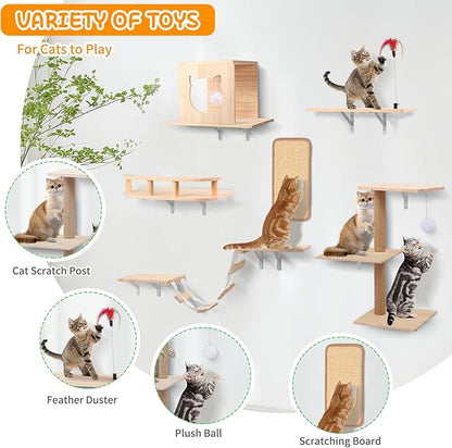 Cat Wall Shelves, Solid Wooden Wall-Mounted Cat Furniture, Steps and Scratcher - Image 4