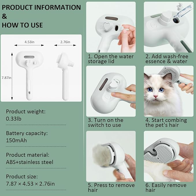3 In 1 Self Cleaning Steamy Pet Brush, Pets Spray Hair Removal Comb - Image 8