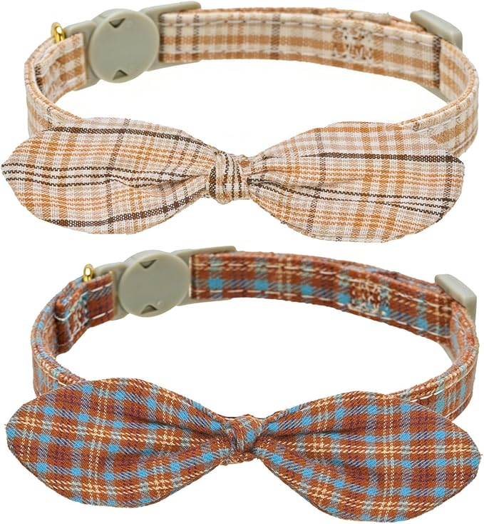 Cotton Bowtie Cat Collar with Bell 2 Pack Plaid Breakaway Kitten Collars with by YUDOTE