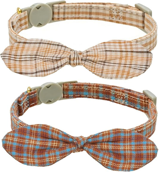Cotton Bowtie Cat Collar with Bell 2 Pack Plaid Breakaway Kitten Collars with by YUDOTE
