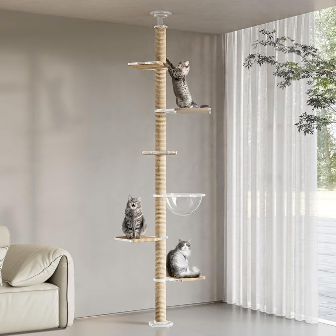Floor to Ceiling Cat Tree, Acrylic Top Support PlateTall Cat Tower Natural - Image 9