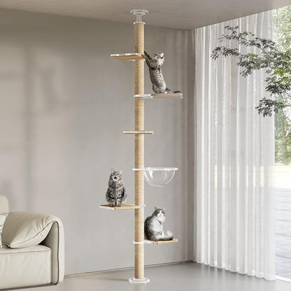 Floor to Ceiling Cat Tree, Acrylic Top Support PlateTall Cat Tower Natural - Image 9