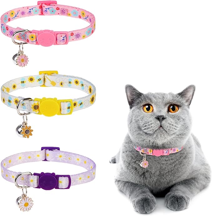 Breakaway Cat Collar with Bells, 3 Pack Summer Spring Cat Collar by DILLYBUD
