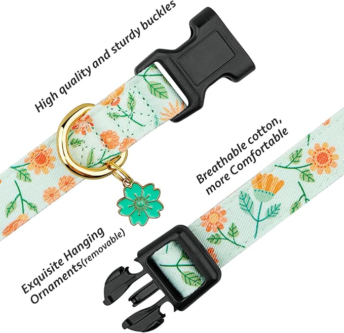 Cotton Handmade Dog Collar Cute and Distinctive Patterns Green Sunflower - Image 2