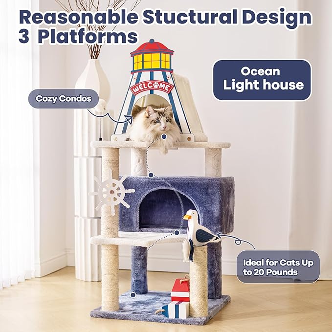 HYABi 48.5-Inch Novelty Lighthouse Seagull Wheel Buoy Cat Tree Tower Condo Bed - Image 2