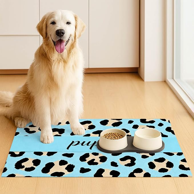 Puppy Feeding Mat 24x16 inch Blue Leopard Print Pet Bowl Placemat Non Slip - Image 3