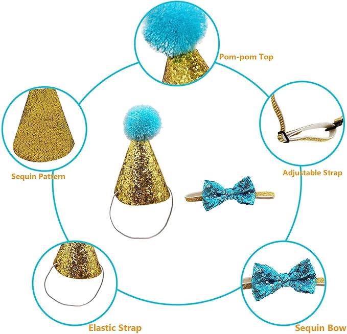 4 Pcs Cat Birthday Hat Bowtie Small Dog Hat Headband Topper Bowtie Adjustable - Image 3