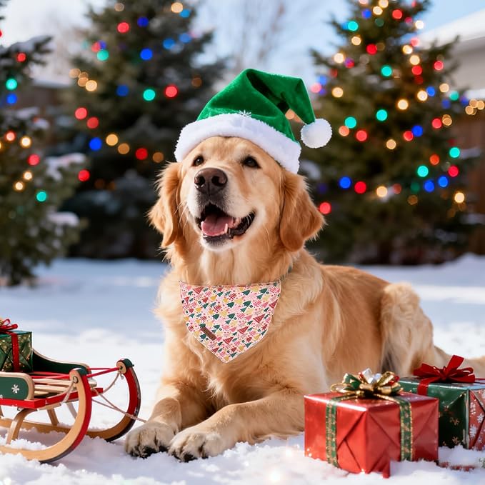 Christmas Dog Bandana–Pink Christmas Tree Triangle Scarf - Image 3