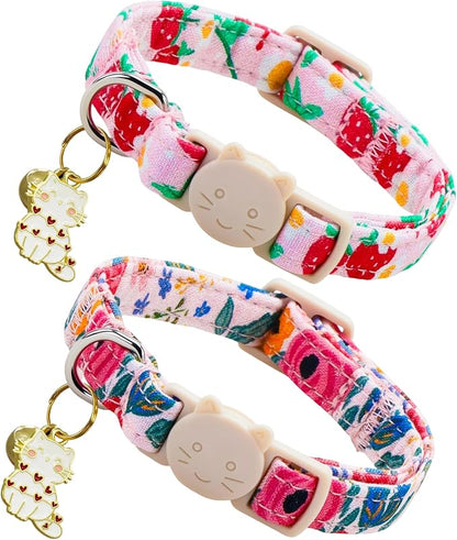 Spring Cat Collar-2 Pack Collars Strawberry and Flower Print Breakaway by BoboRainbow