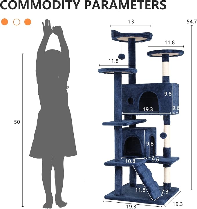 BestPet | 54" Cat Tree Tower | Navy Blue | Sturdy, Hanging Cat Toys, - Image 7