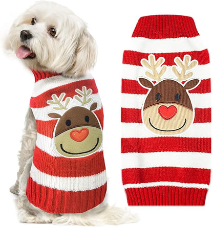 Dog Christmas Sweater Cute Striped Reindeer Xmas Pet Clothes Holiday Puppy Cat by DOGGYZSTYLE