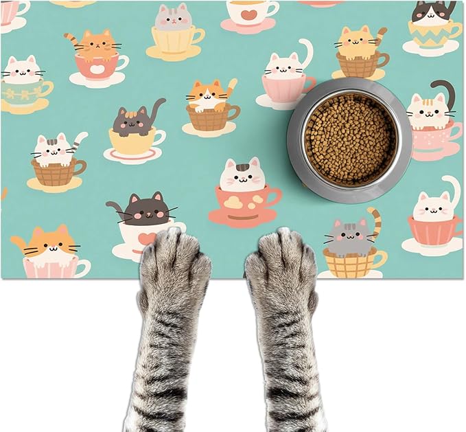 Cat Feeding Mat 24x16 inch Teacup Kitten Print Pet Bowl Placemat Non Slip Floor by HOMETITUTE