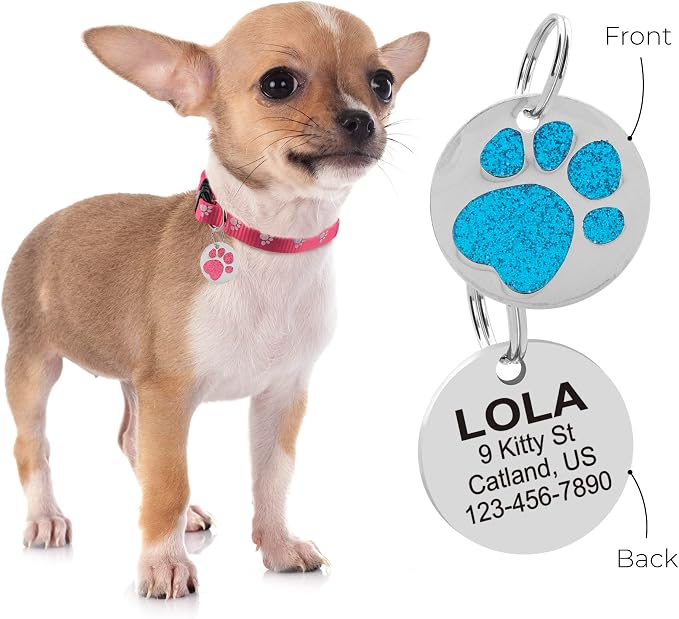 Paw Shape Dog ID Tag Stainless Steel Custom Laser Engraved, Cute Bling Glitter - Image 2