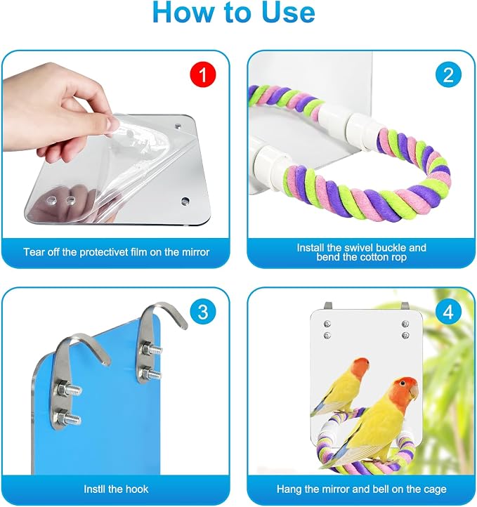 5.9" Bird Mirror with Rope Perch Bird Toys Swing, Comfy Perch - Image 3