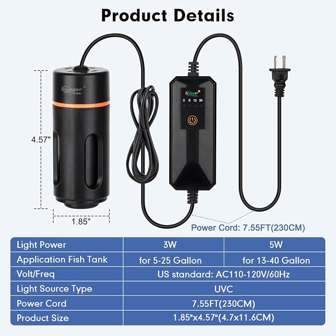 hygger Aquarium U-V Light with Timer, 360° Protective Shield Clean Light - Image 7