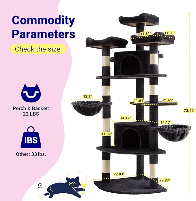 Allewie 73in Fan-Shaped Space-Saving Corner Cat Tower/Multi-Level Tall Cat Tree - Image 7