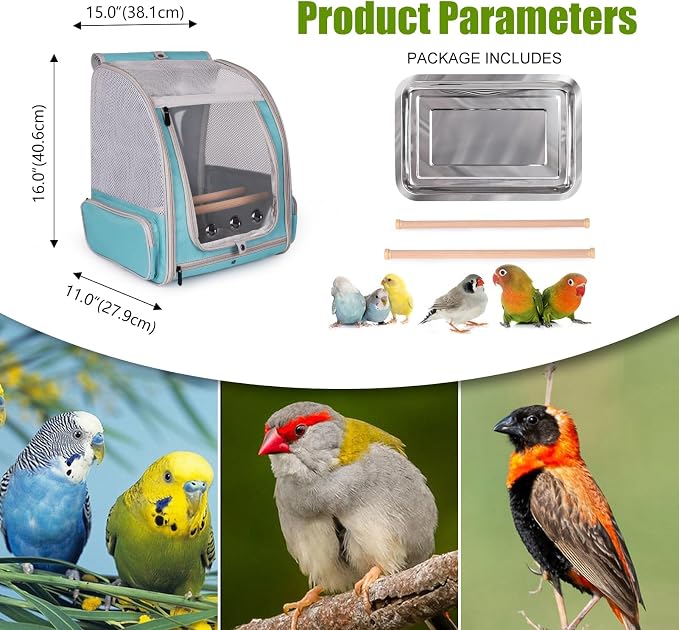 halinfer Bird Backpack Carrier Cage, Front Zipper Opening Portable Bird Travel - Image 3