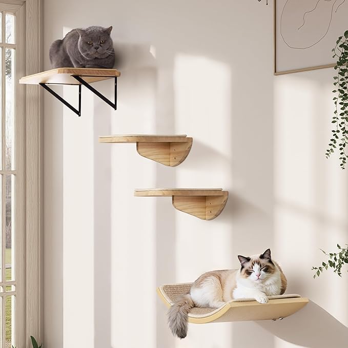 Cat Wall Shelves with Sisal Pads, 4-Piece Wooden Cats Furniture Set with Cat - Image 2