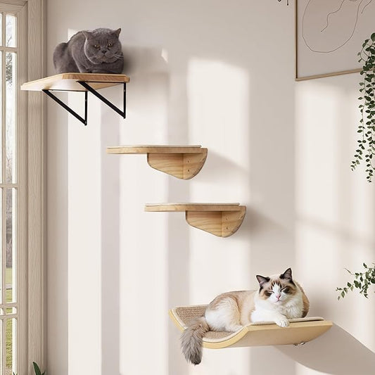 Cat Wall Shelves with Sisal Pads, 4-Piece Wooden Cats Furniture Set with Cat - Image 2